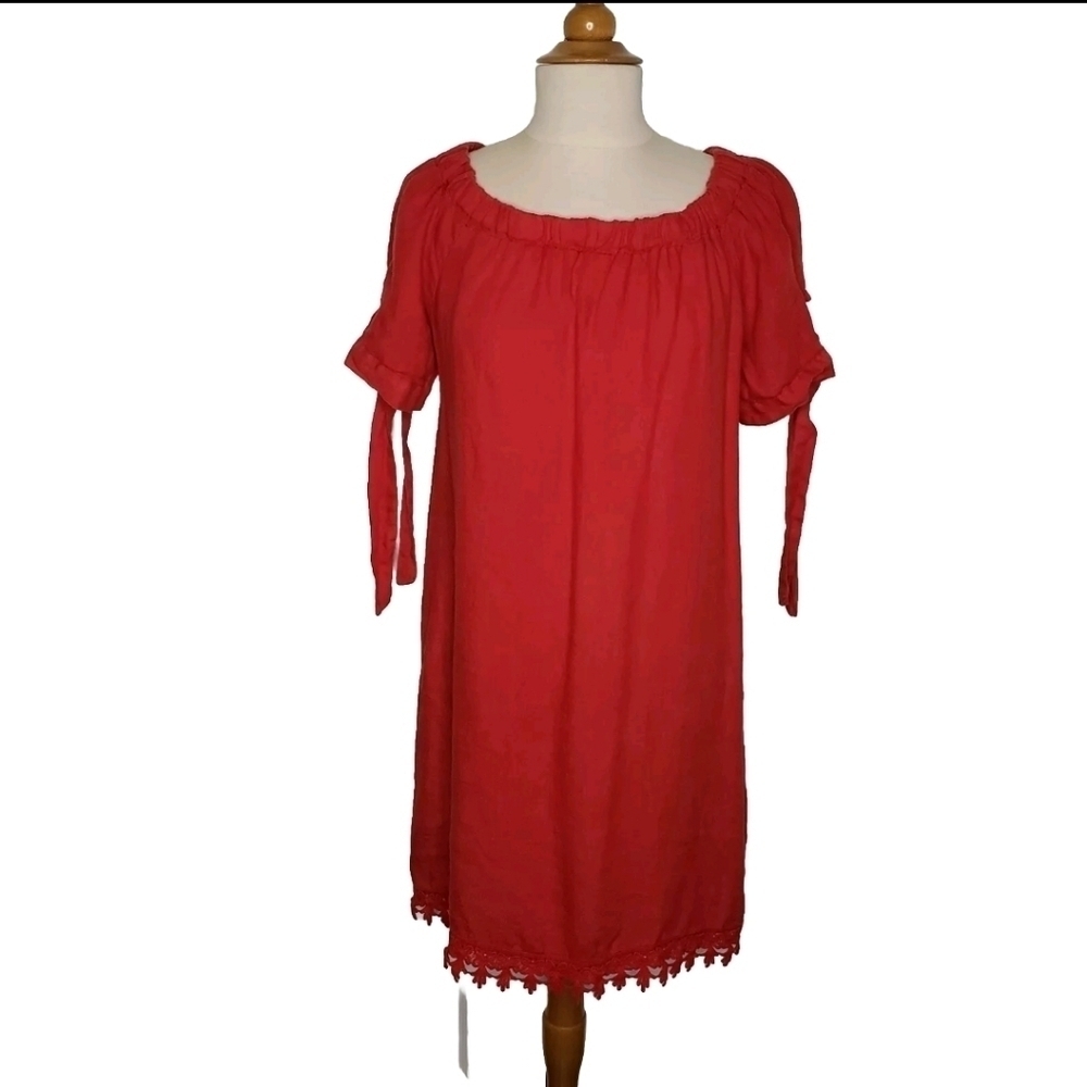 Lungo L'arno Linen Dress S Tunic Top Lagenlook Made in Italy Lace Tie Sleeves